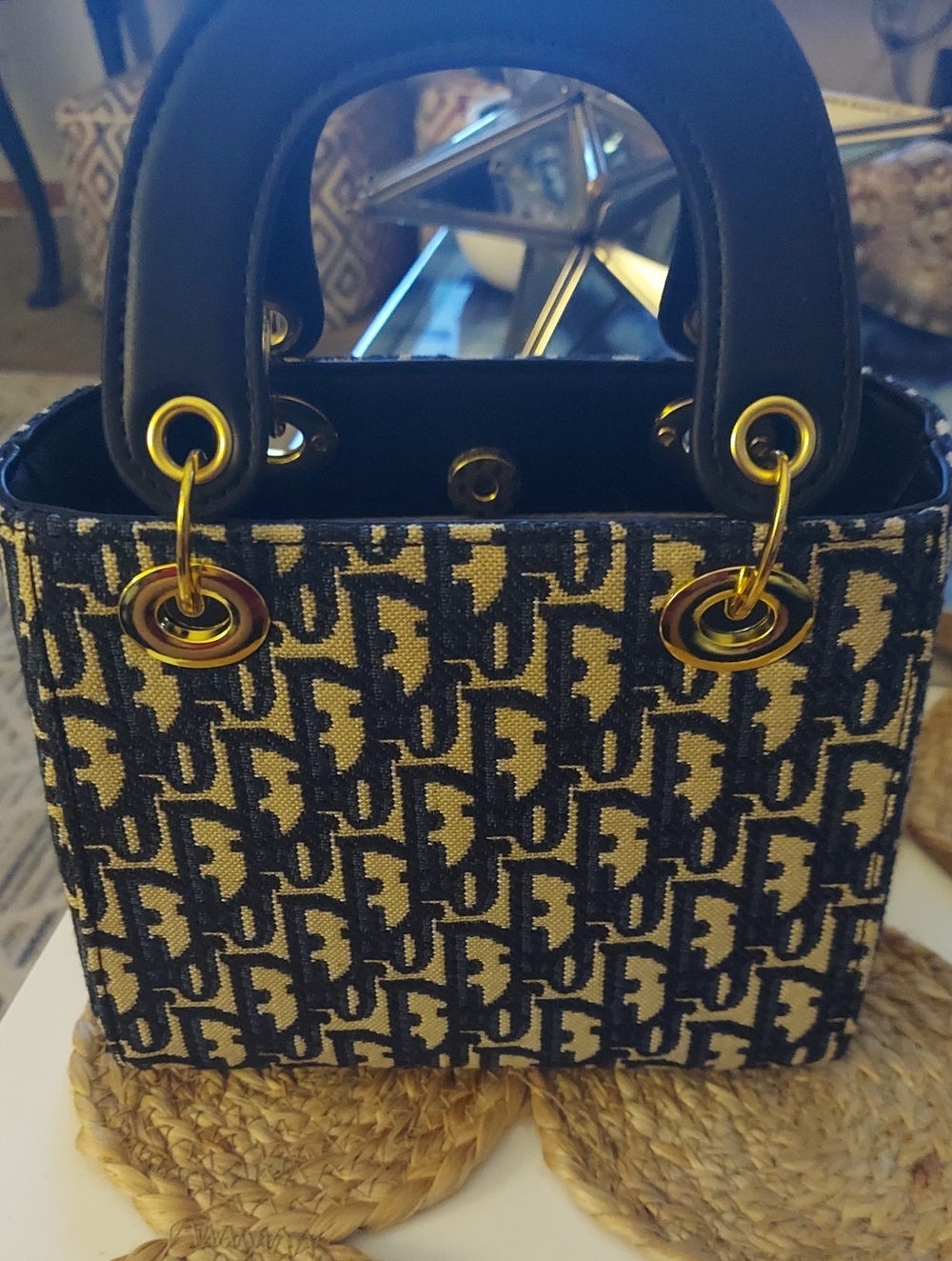 Mini Dior Navy and Beige Signature Mini Tote with Gold Hardware - Picture 3 of 7